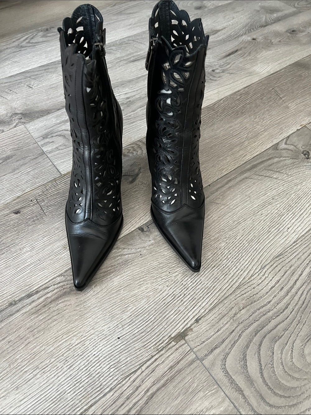 Black Laser-Cut Pointed Toe Women's Boot